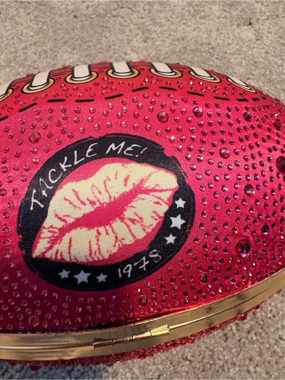 Betsy Johnson embellished Tackle Me pink Crystal Football Clutch w/gold Chain